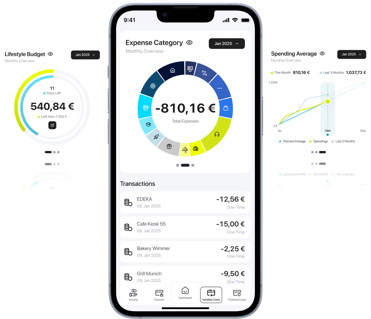 amplitude App: Lifestyle Budget, Ausgabenkategorien und Transaktionsübersicht